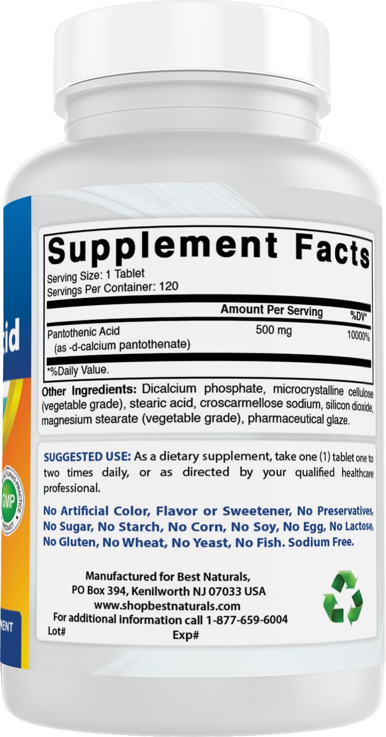 Best Naturals Acide Pantothénique 500 mg comprimés en portion