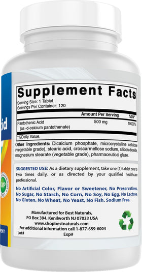 Best Naturals Acide Pantothénique 500 mg comprimés en portion