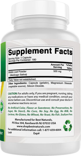 Best Naturals Alfalfa capsules avec info sur la qualité