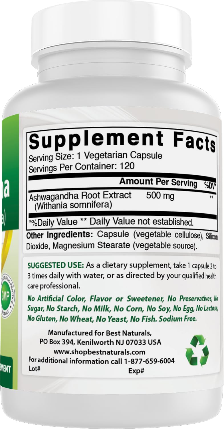 Best Naturals Ashwagandha 500 mg capsules sur une table