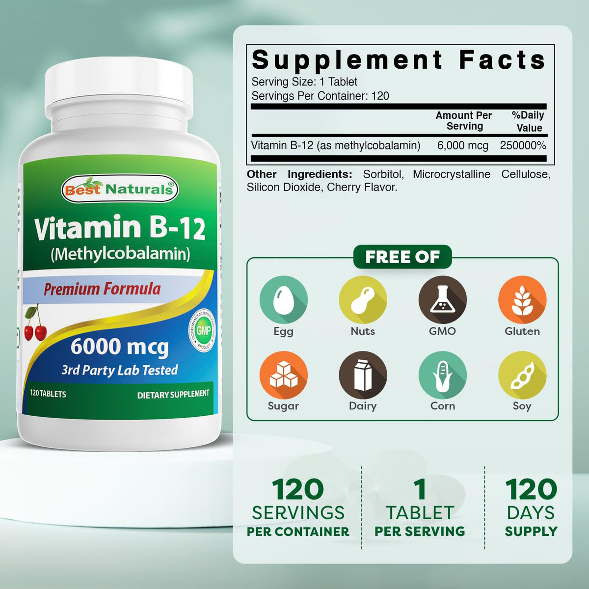 Best Naturals B12 6000 mcg, emballage et étiquette