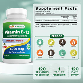 Best Naturals B12 6000 mcg, emballage et étiquette