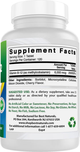 Best Naturals B12, informations nutritionnelles sur l'étiquette