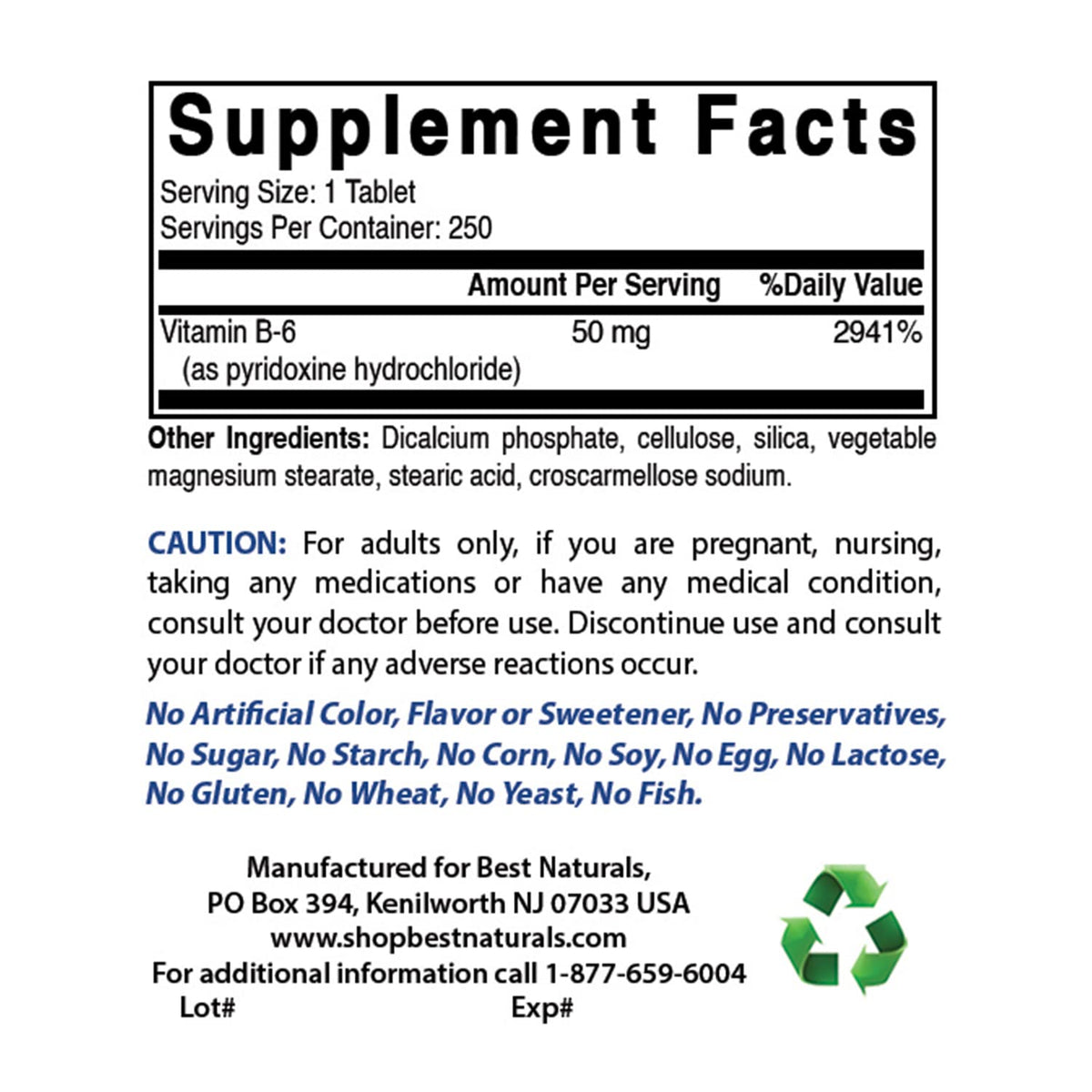 Best Naturals B6 50 mg 250 comprimés bouteille ouverte