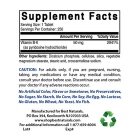 Best Naturals B6 50 mg 250 comprimés bouteille ouverte