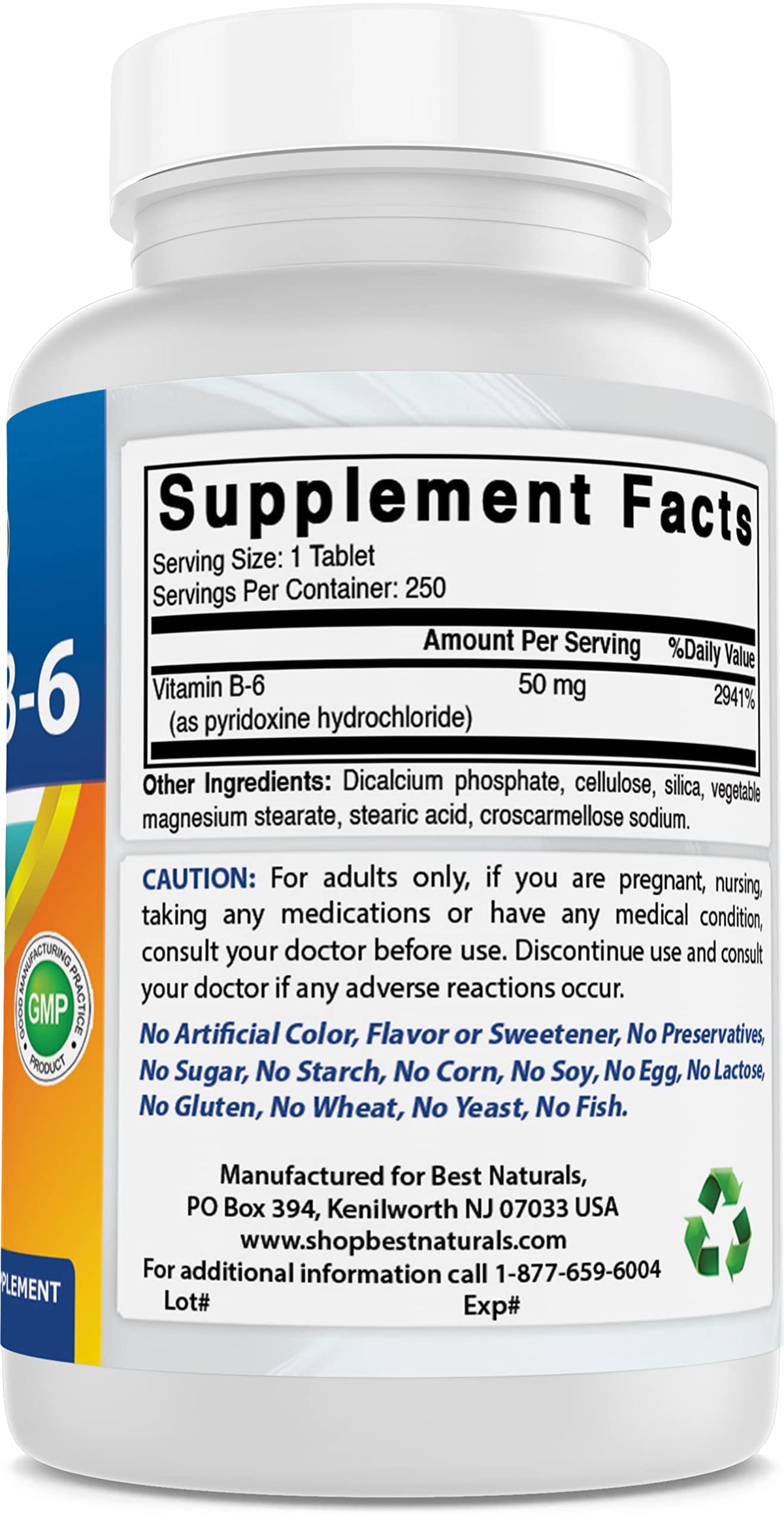 Best Naturals B6 50 mg 250 comprimés en gros plan