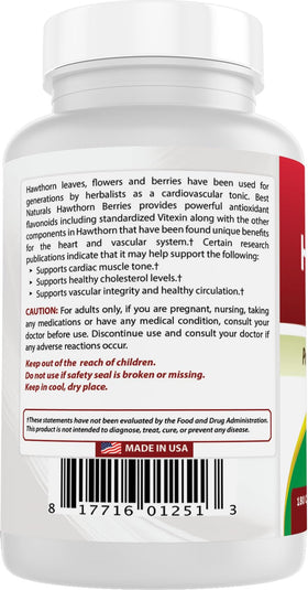 Best Naturals Baies de Aubépine 180 capsules, vue de l'arrière avec informations sur le produit