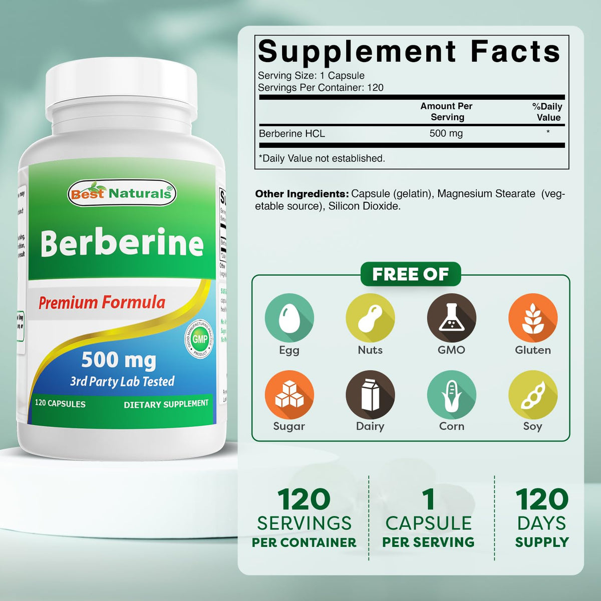 Best Naturals Berbérine 500mg 120 capsules étiquette