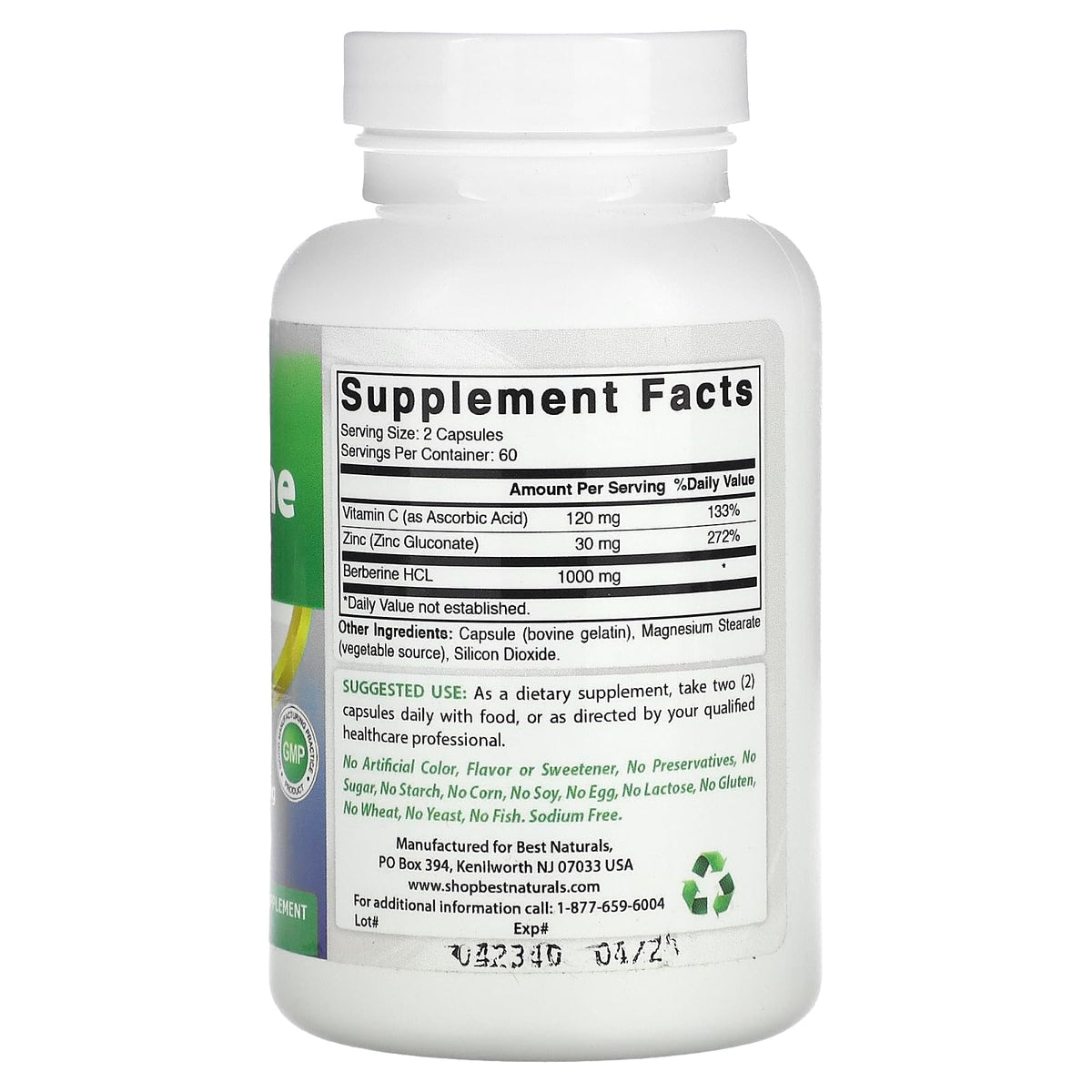 Best Naturals Berberine Plus 120 capsules avec étiquette et informations