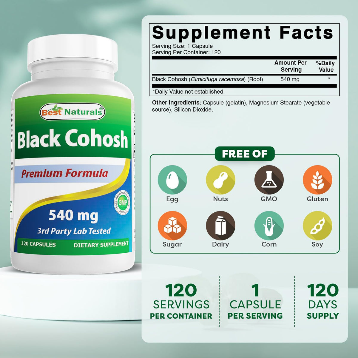 Best Naturals Black Cohosh 540 mg 120 Capsules étiquette