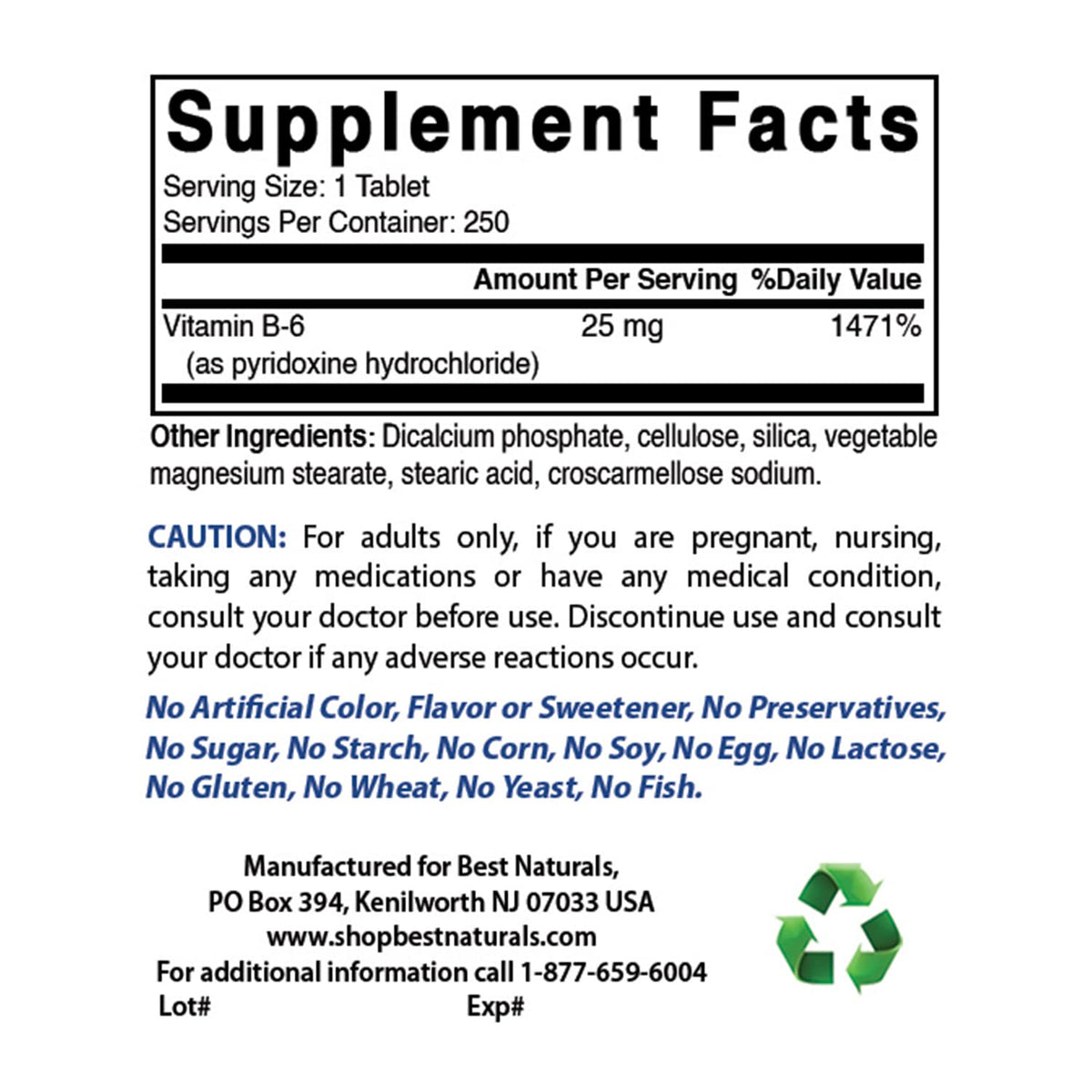 Best Naturals bouteille de Vitamine B6 25mg avec étiquette détaillée