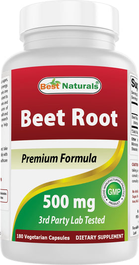 Best Naturals capsules de racine de betterave 500 mg devant un fond blanc