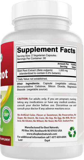 Best Naturals capsules de racine de betterave avec un verre d'eau