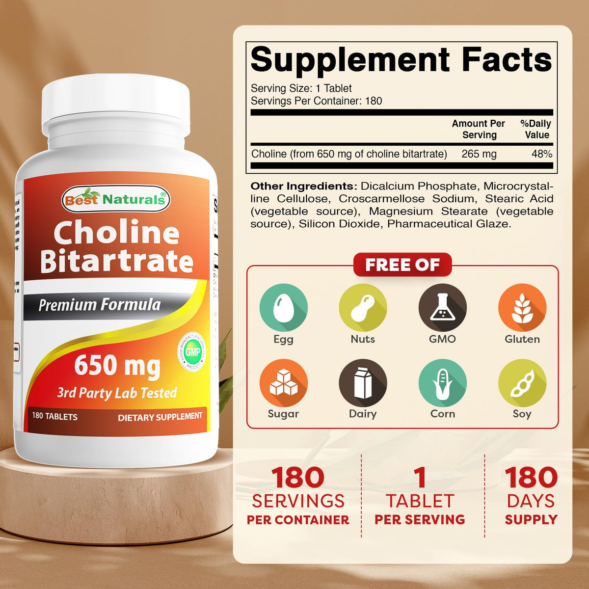 Best Naturals Choline Bitartrate 650 mg 180 comprimés - vue latérale