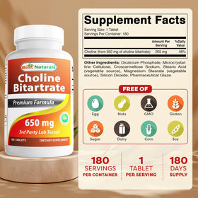 Best Naturals Choline Bitartrate 650 mg 180 comprimés - vue latérale