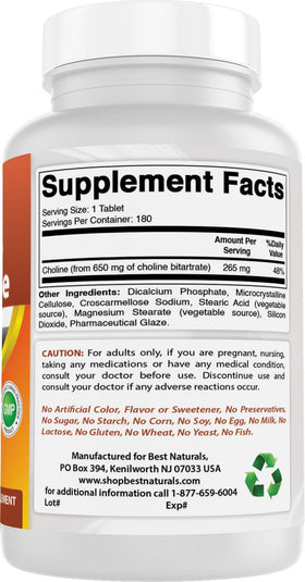 Best Naturals Choline Bitartrate 650 mg affiché avec des accessoires