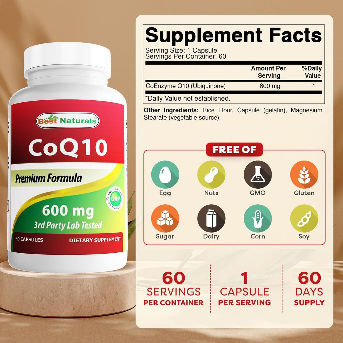 Best Naturals CoQ10 600 mg 60 capsules étiquette avec détails