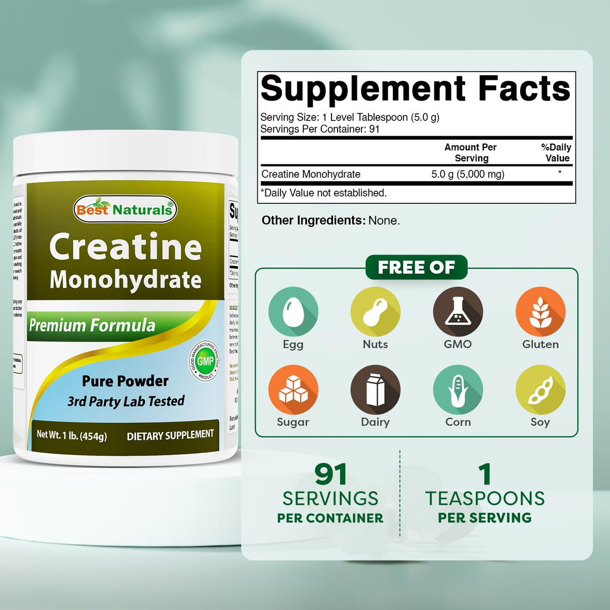 Best Naturals Créatine Monohydrate 454 g - vue arrière du pot