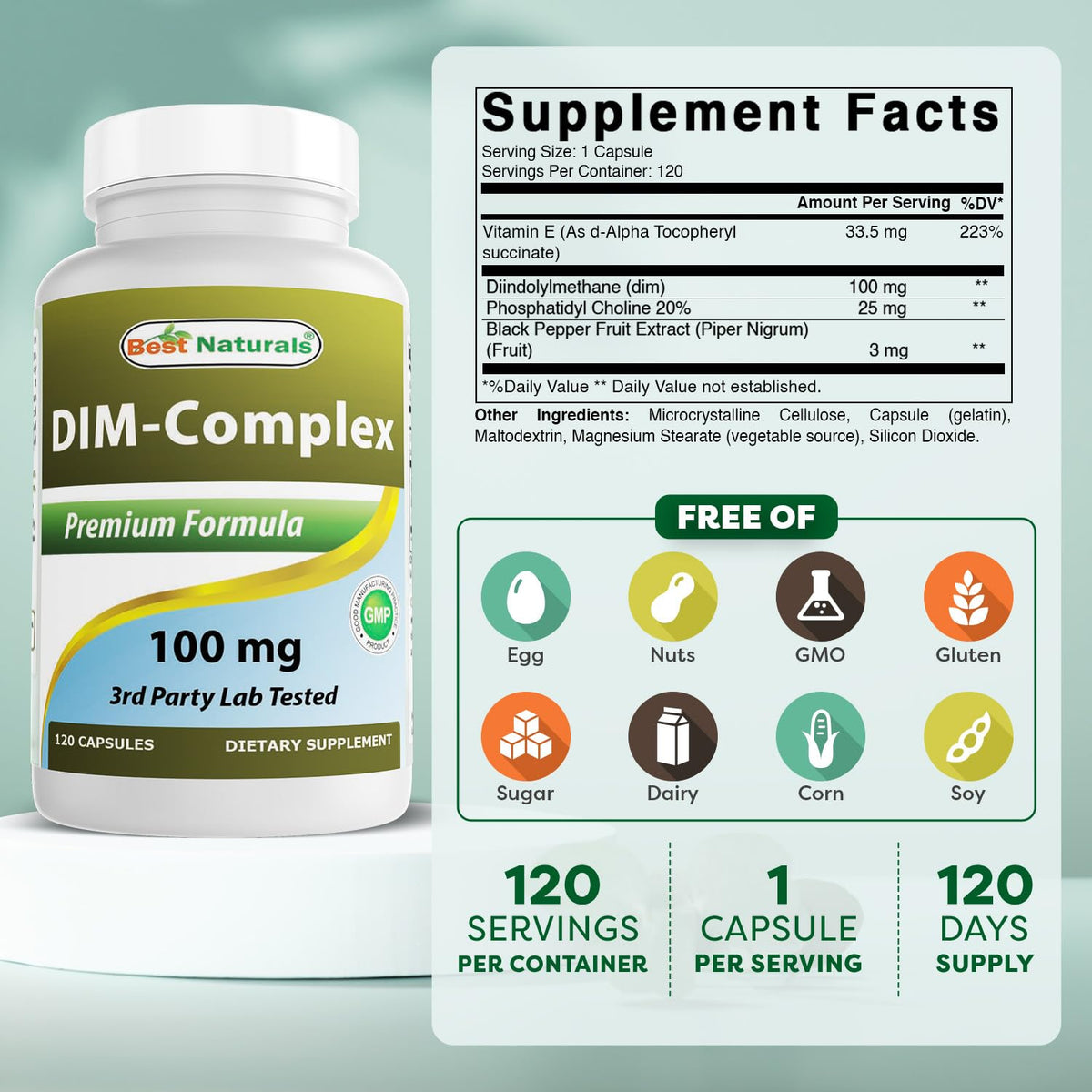 Best Naturals DIM Complex 100 mg 120 capsules - étiquette détaillée