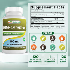 Best Naturals DIM Complex 100 mg 120 capsules - étiquette détaillée