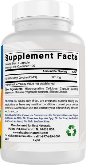 Best Naturals DMG 125 mg 120 Capsules - Flacon ouvert avec capsules