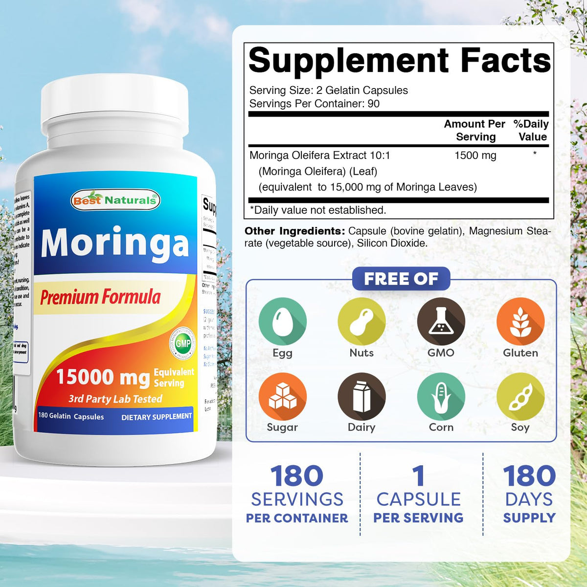 Best Naturals Extrait de Moringa 1500mg bouteille vue de côté
