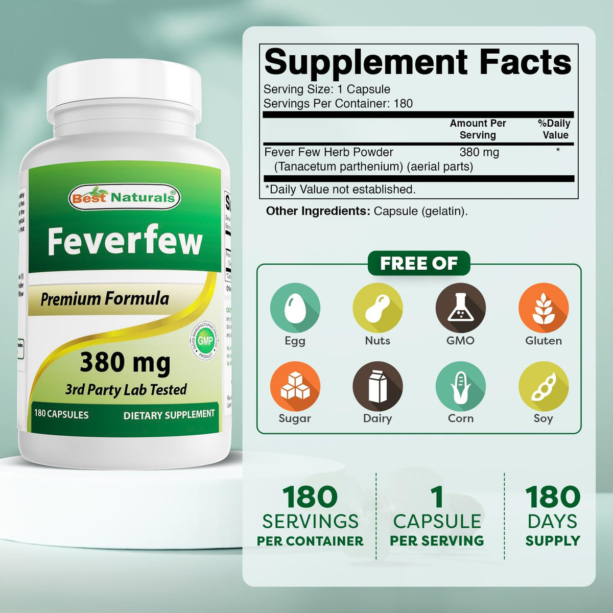 Best Naturals Feverfew 380 mg 180 gélules side view