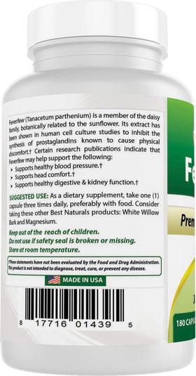 Best Naturals Feverfew 380 mg capsules in a glass