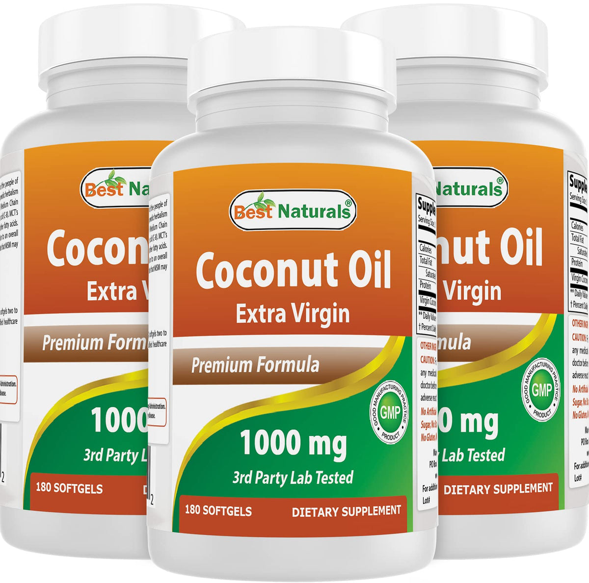 Best Naturals Huile de Coco Vierge Extra gélules 1000 mg, 180 gélules, vue de l'emballage