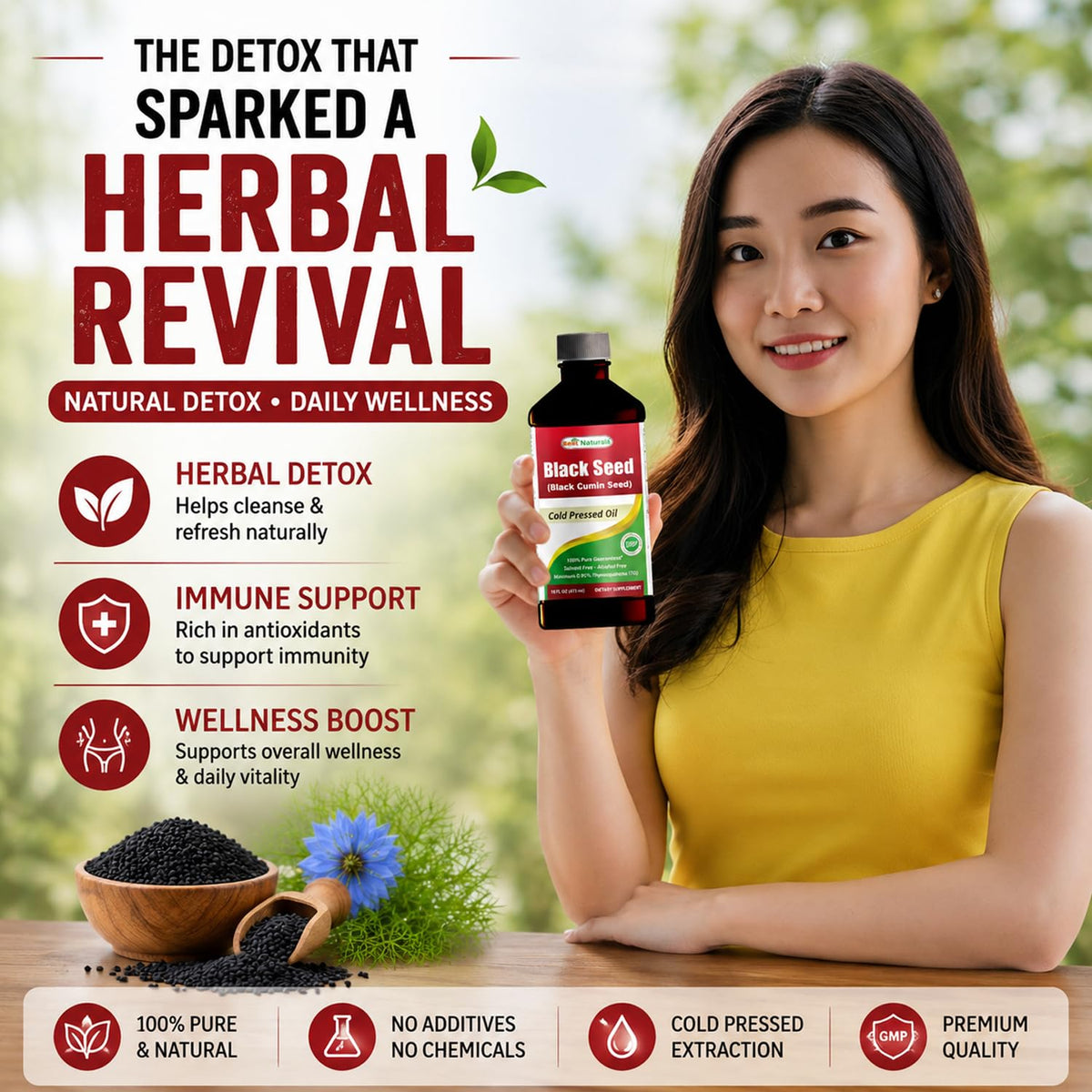 Best Naturals Huile de Nigelle 480ml dans une cuisine