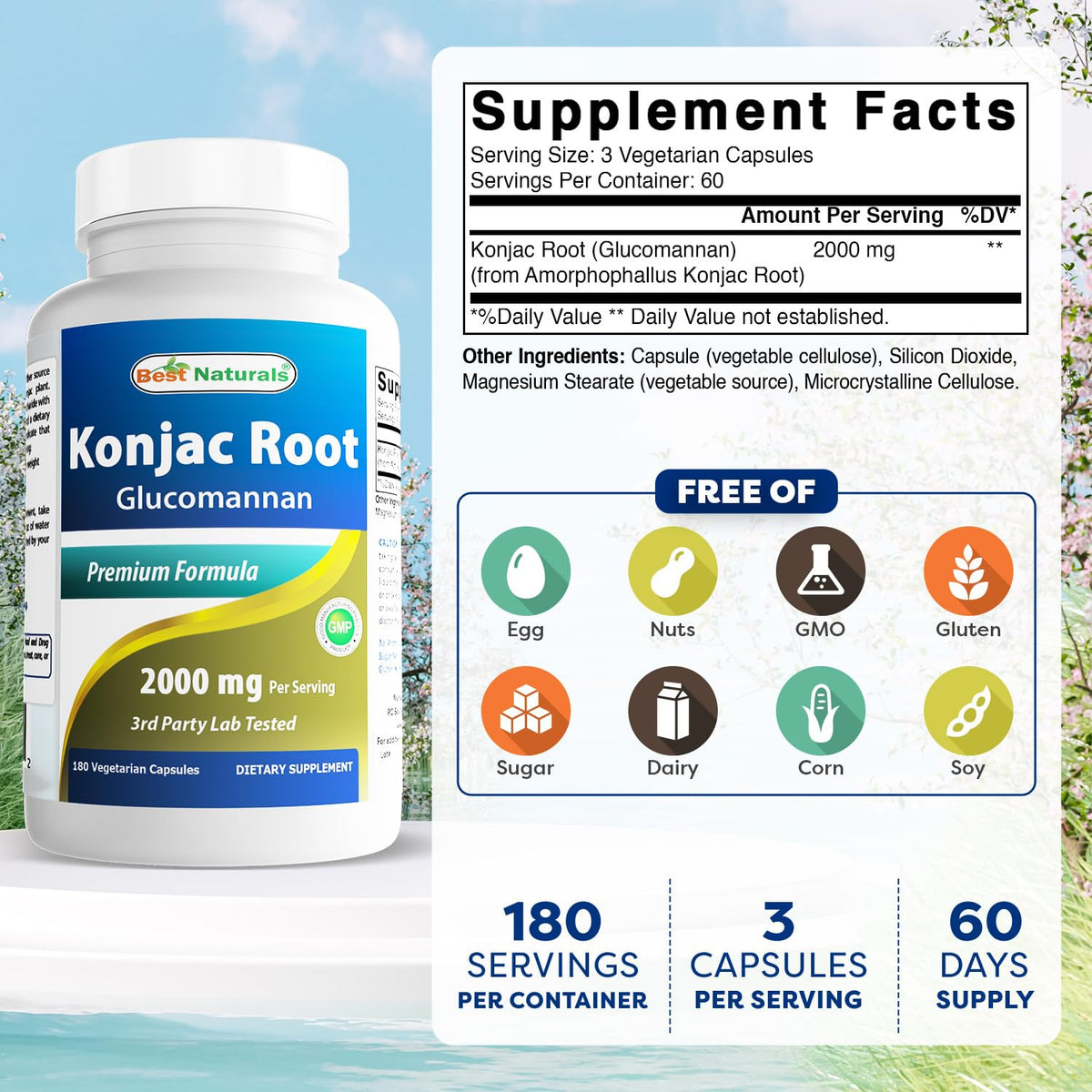 Best Naturals Konjac Glucomannan 2000 mg étiquette contenant 180 capsules