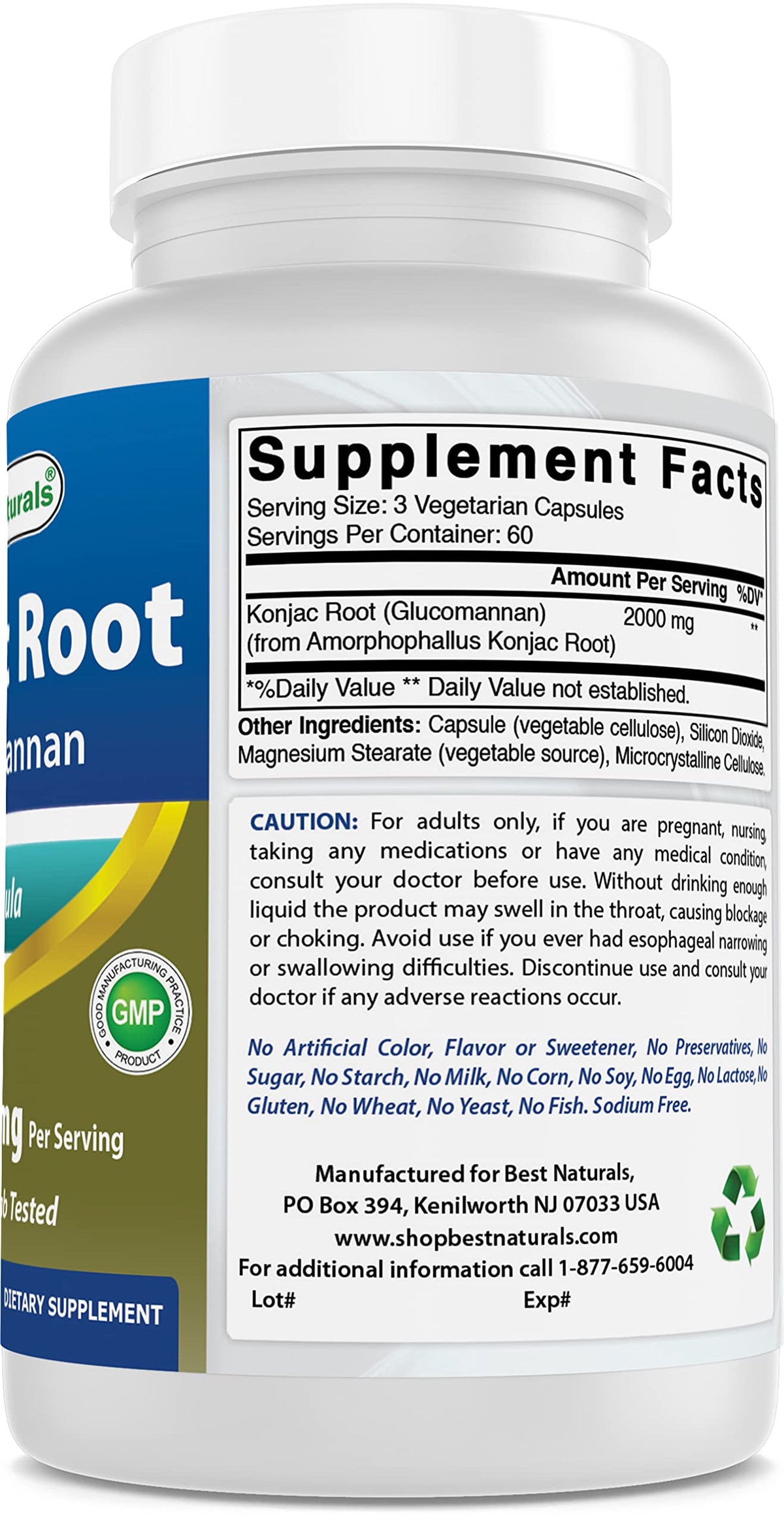 Best Naturals Konjac Root 2000mg flacon ouvert avec comprimés visibles