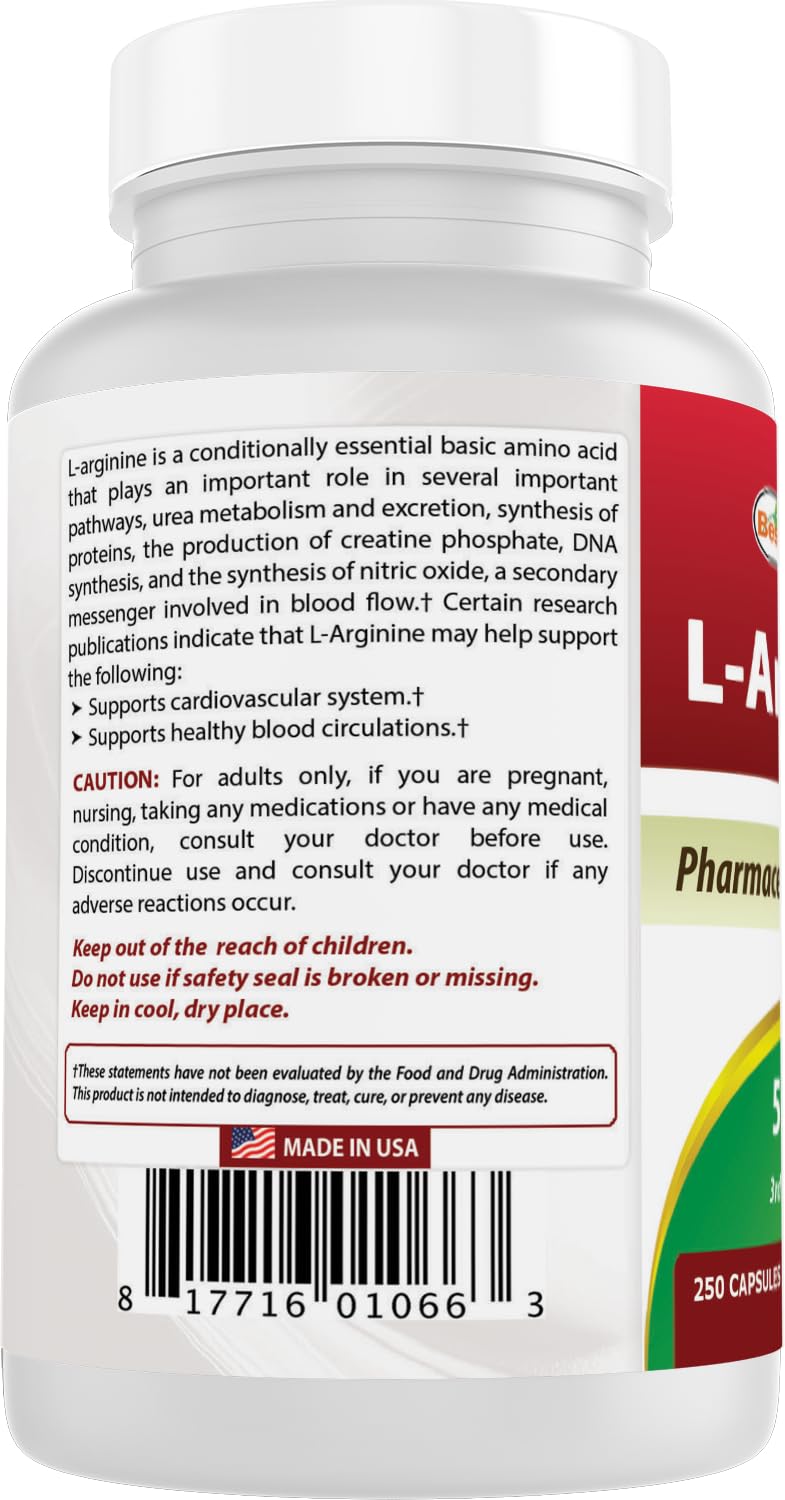 Best Naturals L-Arginine 500mg 250 capsules avec accessoires sur la table