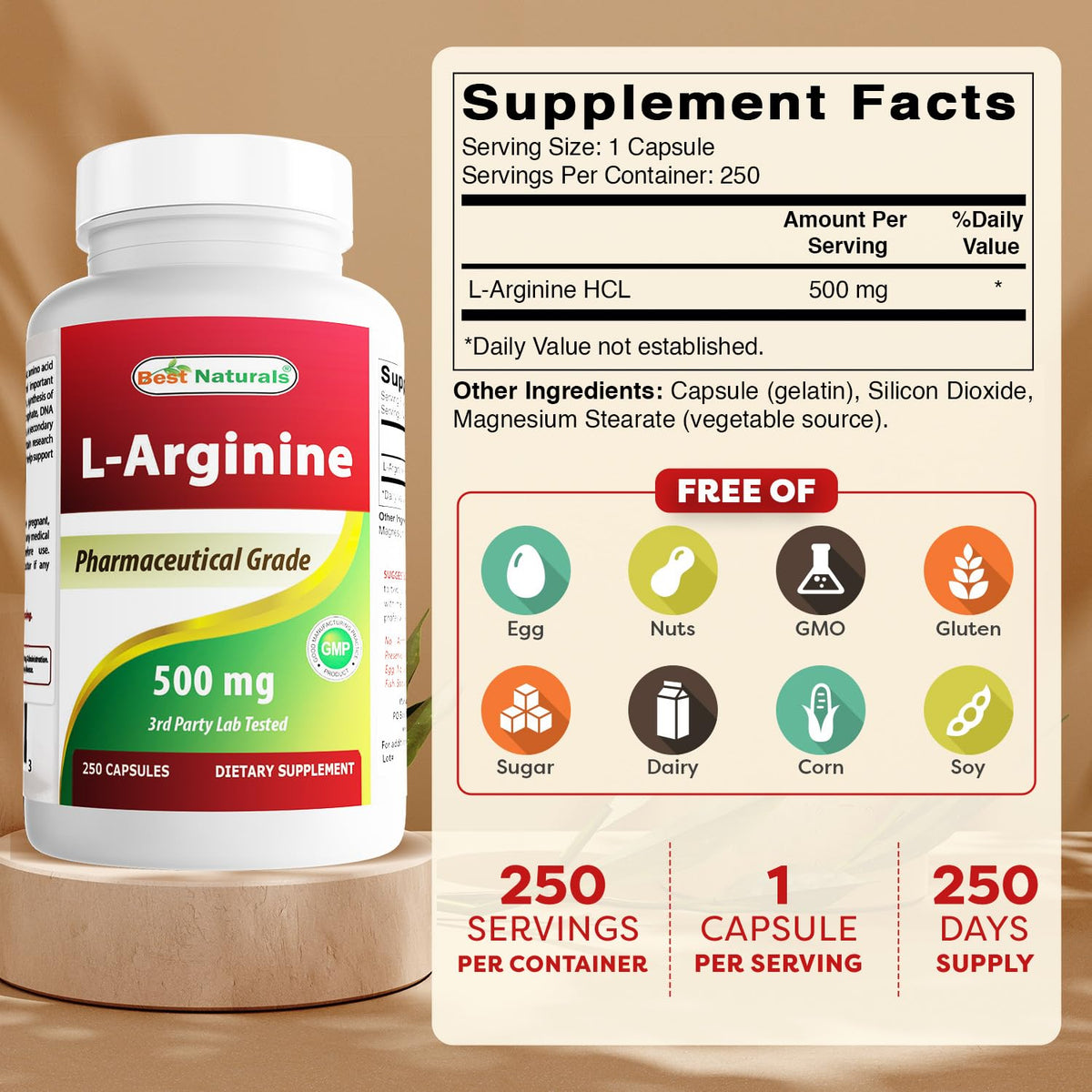 Best Naturals L-Arginine 500mg 250 capsules bouteille ouverte