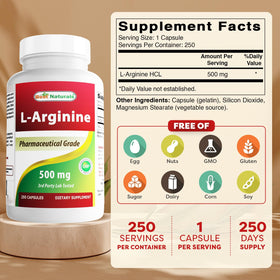 Best Naturals L-Arginine 500mg 250 capsules bouteille ouverte