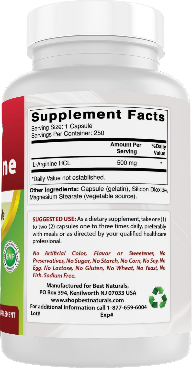 Best Naturals L-Arginine 500mg 250 capsules vue de côté