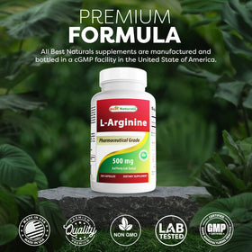 Best Naturals L-Arginine 500mg gélules sur un fond neutre