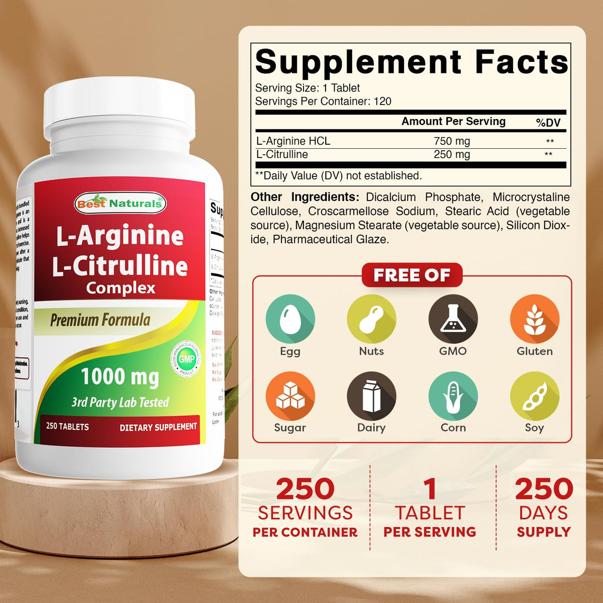 Best Naturals L-Arginine L-Citrulline Complex 250 Tablettes côté