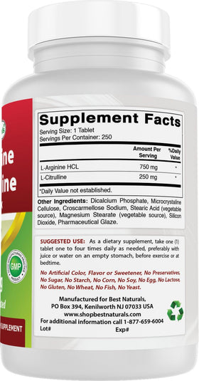 Best Naturals L-Arginine L-Citrulline Complex 250 Tablettes sur fond blanc