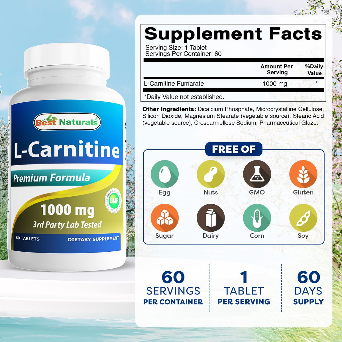 Best Naturals L-Carnitine 1000mg comprimés arrière view