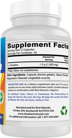 Best Naturals L-Citrulline Capsules 1500mg vue rapprochée des capsules