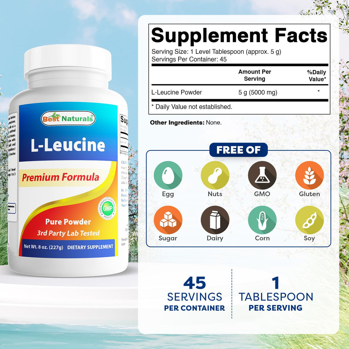 Best Naturals L-Leucine Poudre 280g avec cuillère de dosage