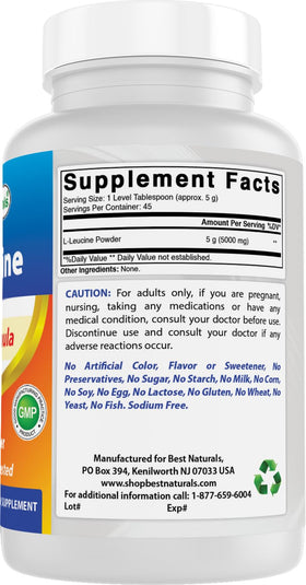 Best Naturals L-Leucine Poudre 280g sur une table avec des ingrédients