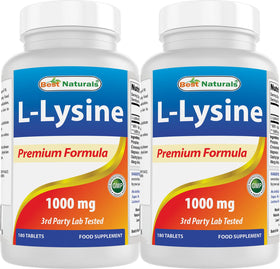 Best Naturals L-Lysine 1000mg 180 comprimés, bouteille vue de face