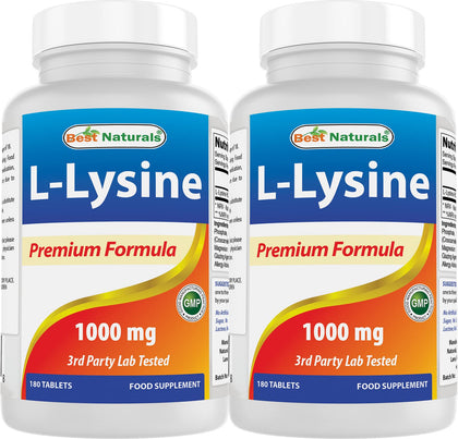 Best Naturals L-Lysine 1000mg 180 comprimés, bouteille vue de face
