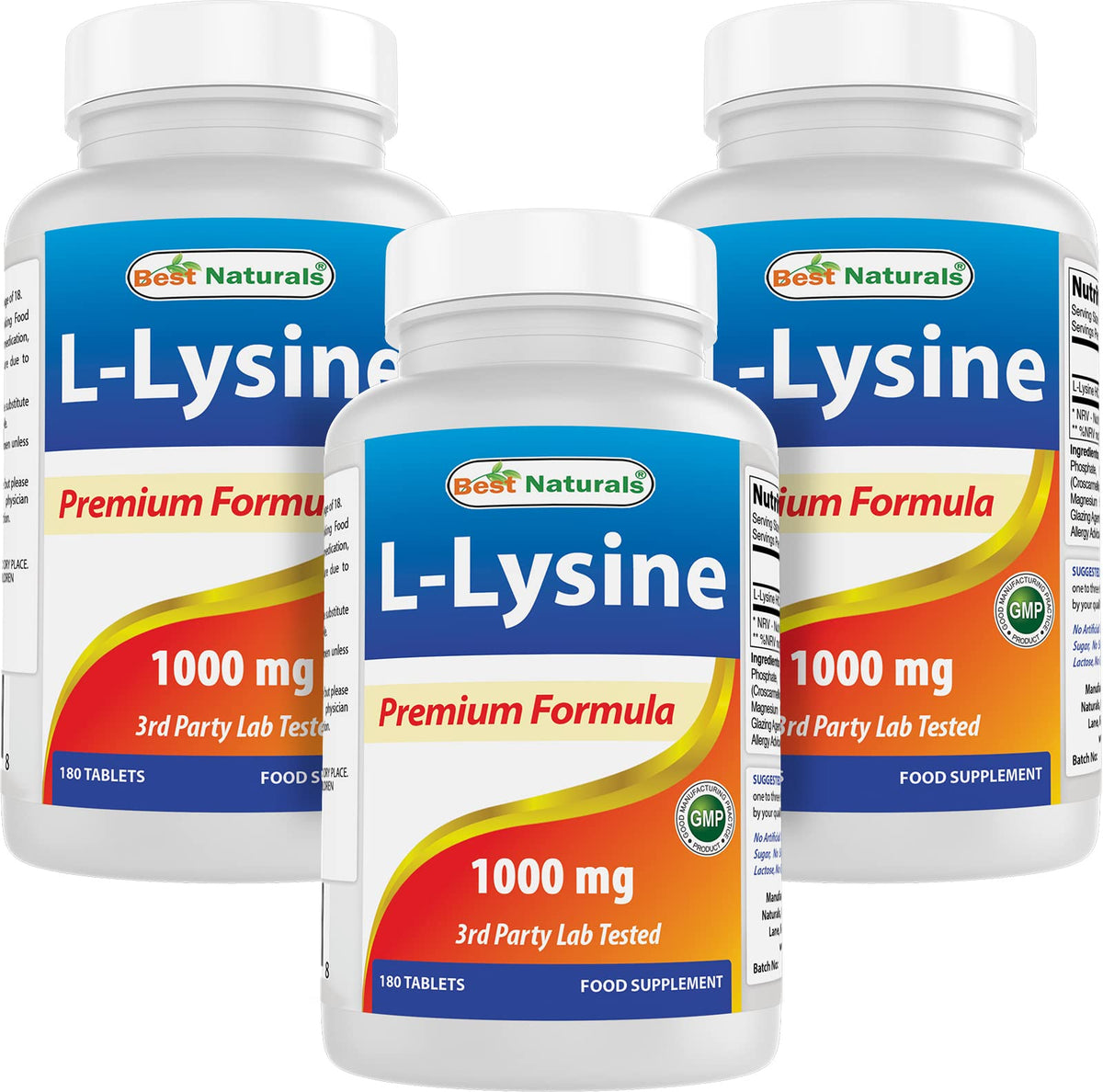 Best Naturals L-Lysine 1000mg 180 Tablettes vue avant