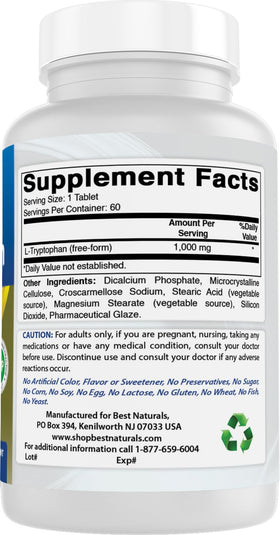 Best Naturals L-Tryptophan 1000 mg comprimés sur une table