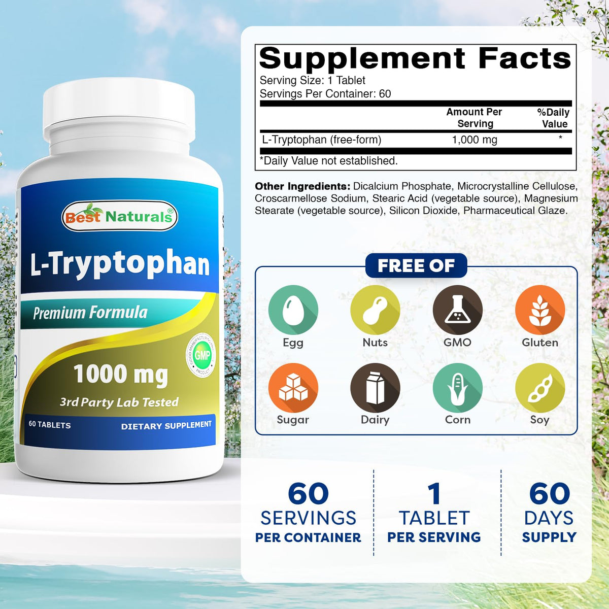 Best Naturals L-Tryptophan 1000 mg étiquette arrière
