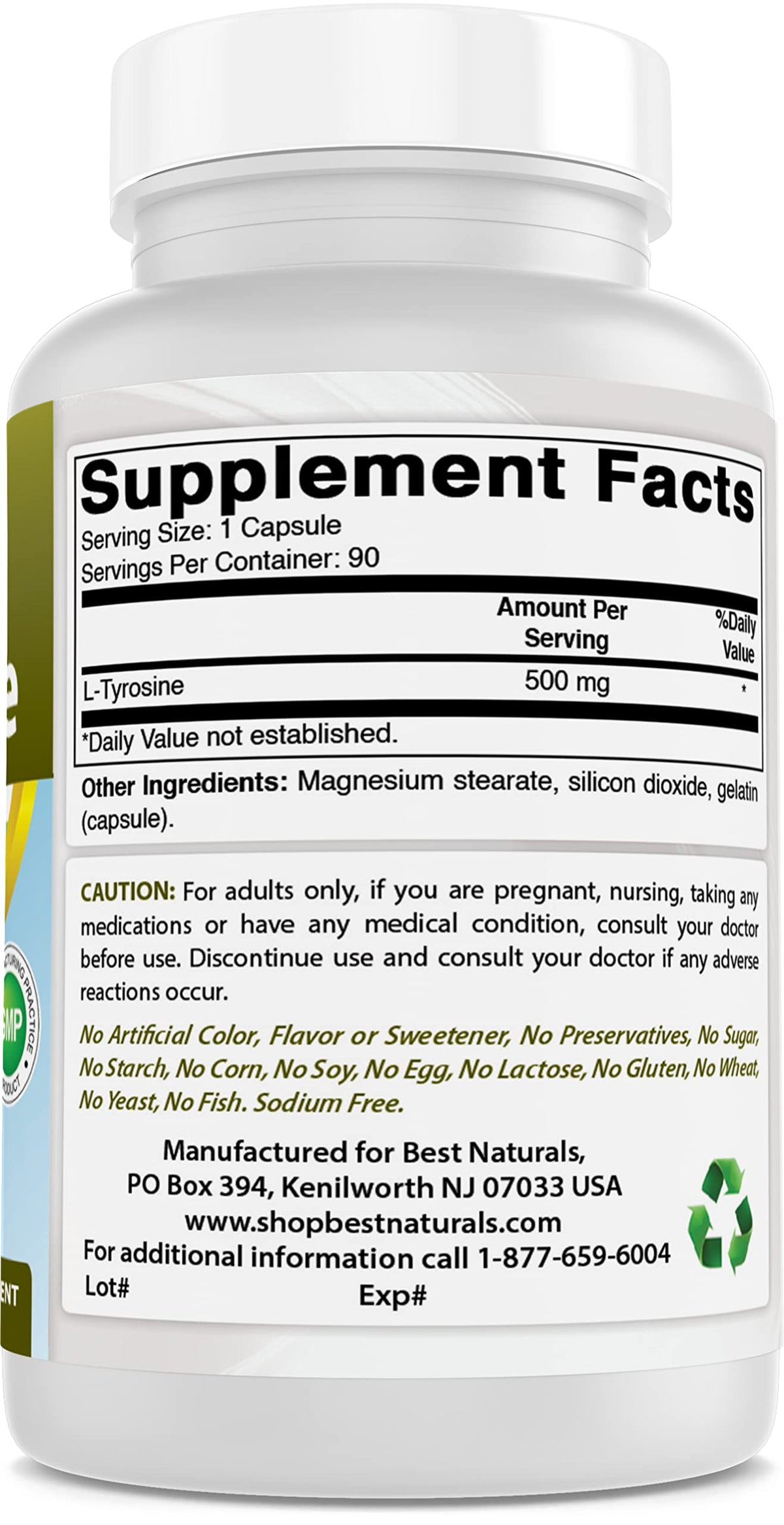Best Naturals L-Tyrosine 500 mg capsules avec mesure