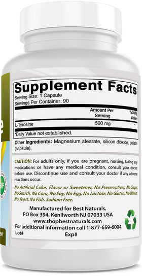 Best Naturals L-Tyrosine 500 mg capsules avec mesure